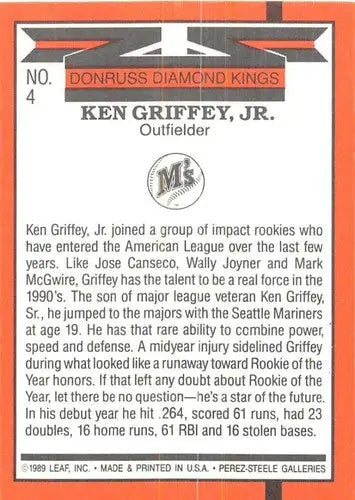1990 Donruss #4 Ken Griffey Jr. NM Near Mint Mariners DK ID:81985 - Baseball Card Single