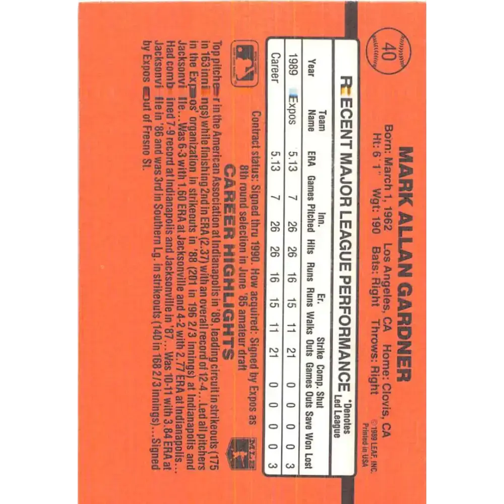 1990 Donruss #40 Mark Gardner VG-EX RC Rookie Montreal Expos Baseball Card - Baseball Card Single