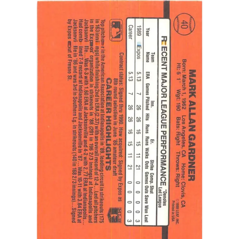 1990 Donruss #40 Mark Gardner VG-EX RC Rookie Montreal Expos Baseball Card - Baseball Card Single