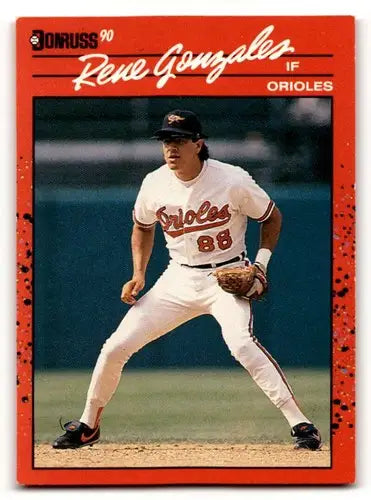 Original gloss 1990 Donruss Rene Gonzales Baltimore Orioles baseball card featuring Rene Gonzales Baltimore
