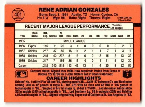 Original gloss 1990 Donruss Rene Gonzales Baltimore Orioles baseball card front view