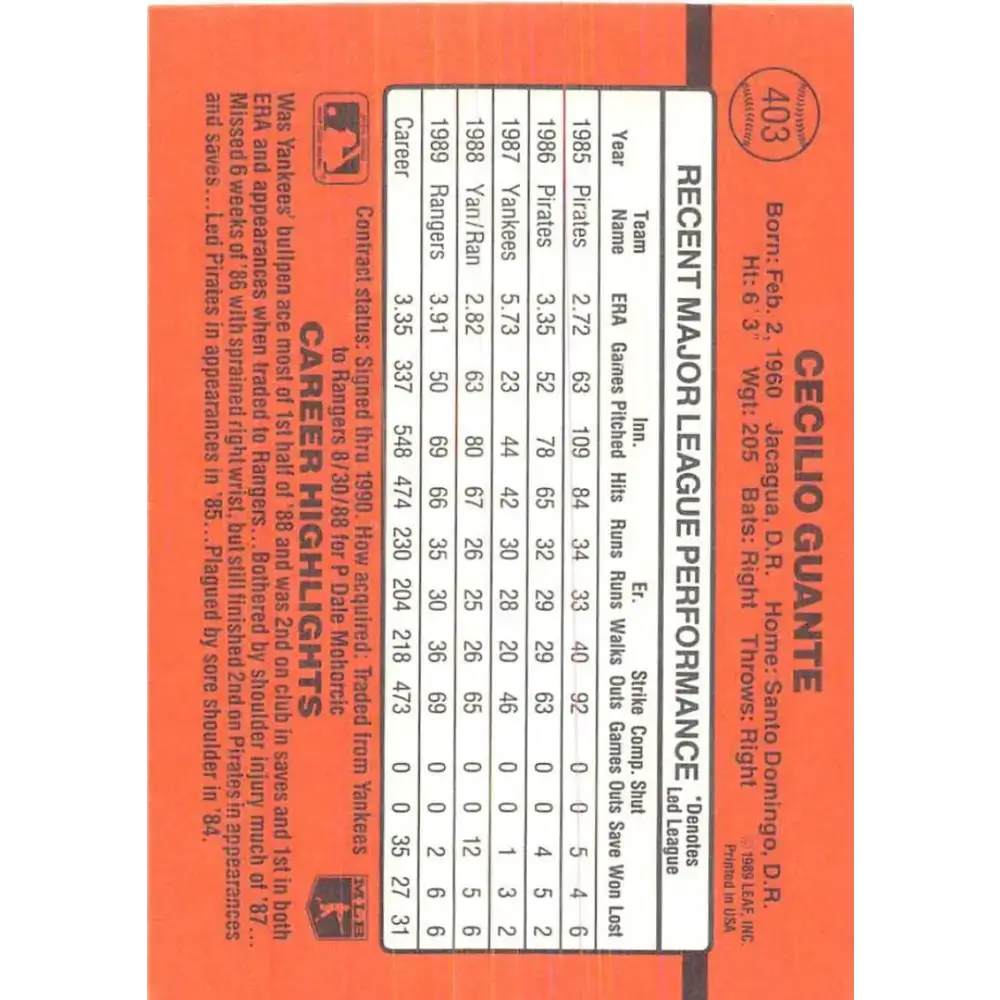 1990 Donruss #403 Cecilio Guante VG-EX Texas Rangers Baseball Card - Baseball Card Single