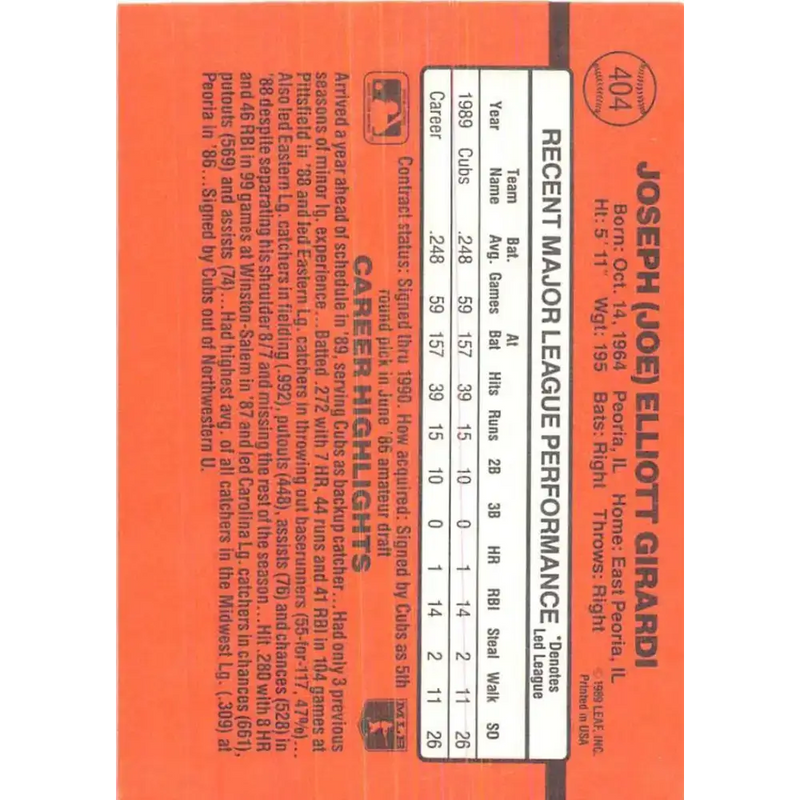 1990 Donruss #404 Joe Girardi VG-EX Chicago Cubs Baseball Card - Baseball Card Single