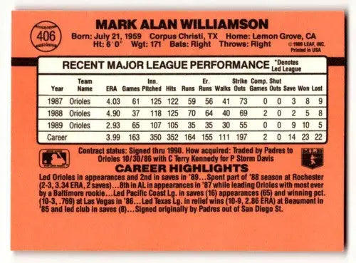 Original gloss of 1990 Donruss Mark Williamson Baltimore Orioles baseball card back