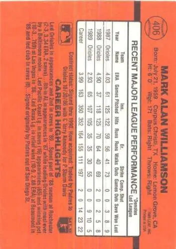 1990 Donruss #406 Mark Williamson baseball card with original gloss, NM-MT Orioles