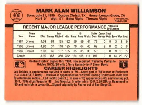 Original gloss Mark Williamson baseball card from Baltimore Orioles 1990 Donruss #406