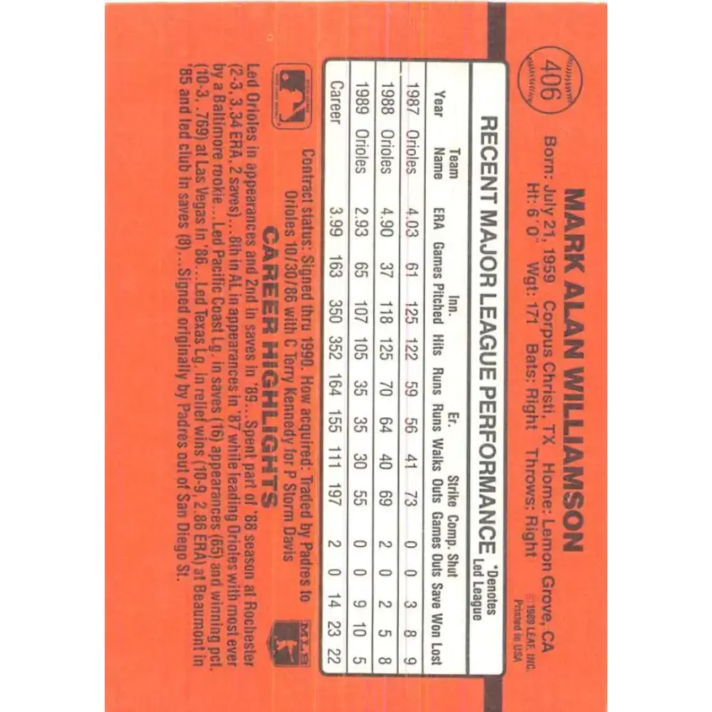 1990 Donruss #406 Mark Williamson VG-EX Baltimore Orioles Baseball Card - Baseball Card Single