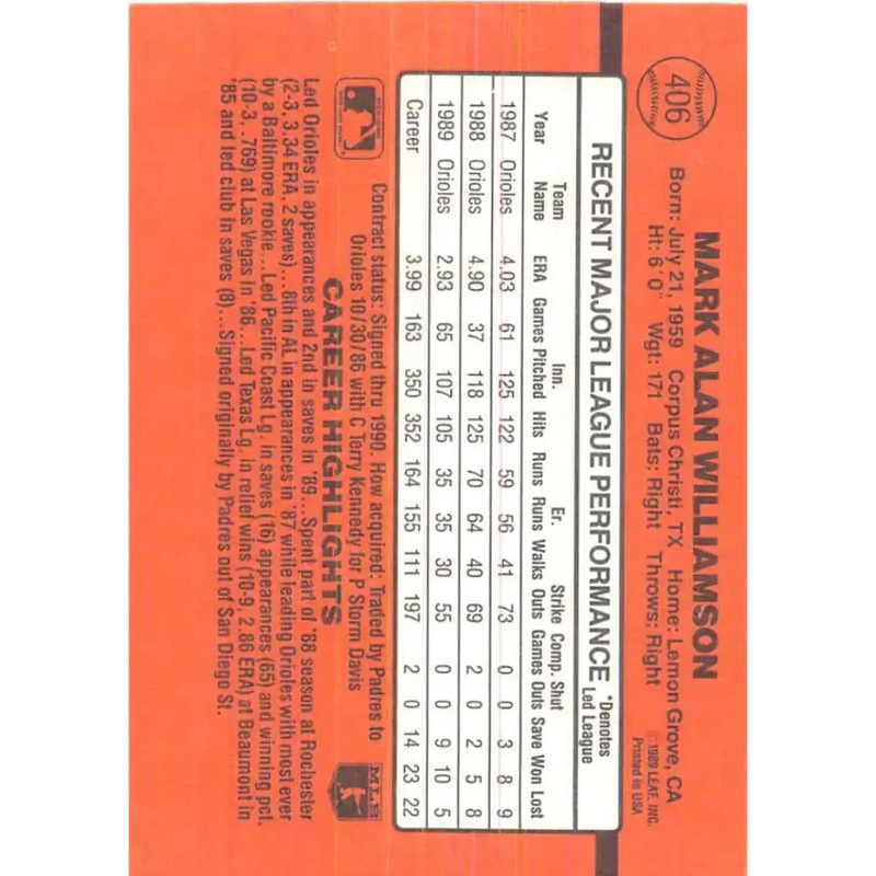 1990 Donruss #406 Mark Williamson VG-EX Baltimore Orioles Baseball Card - Baseball Card Single