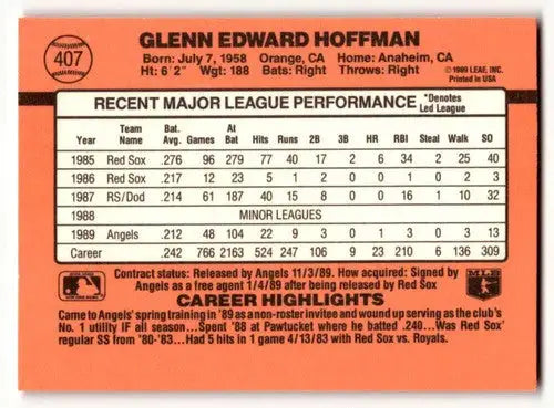 Back of 1990 Donruss Glenn Hoffman California Angels baseball card showing stats