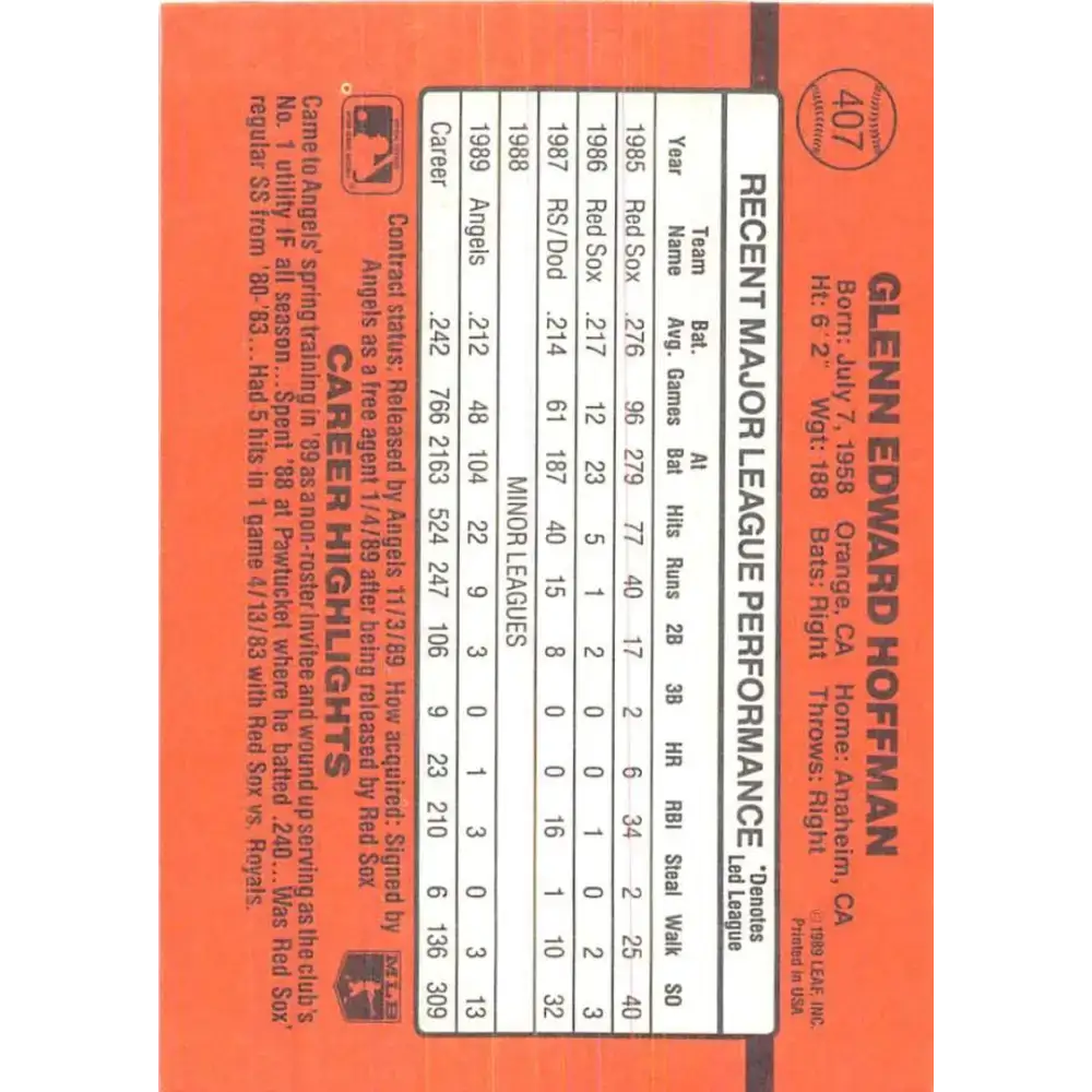 1990 Donruss #407 Glenn Hoffman VG-EX California Angels Baseball Card - Baseball Card Single