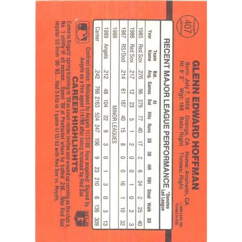 1990 Donruss #407 Glenn Hoffman VG-EX California Angels Baseball Card - Baseball Card Single