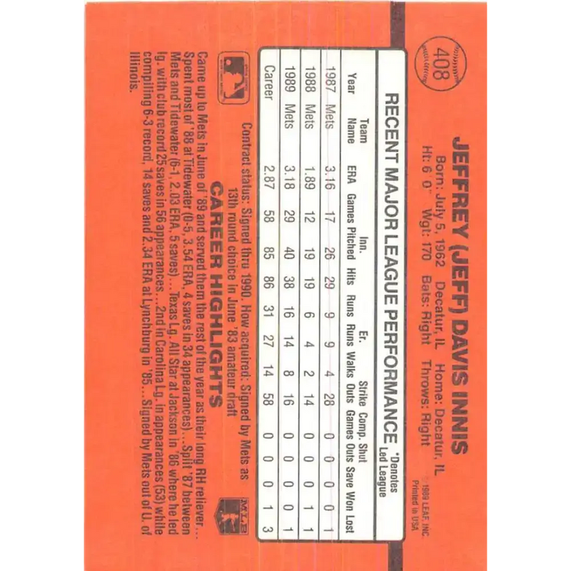 1990 Donruss #408 Jeff Innis VG-EX RC Rookie New York Mets Baseball Card - Baseball Card Single
