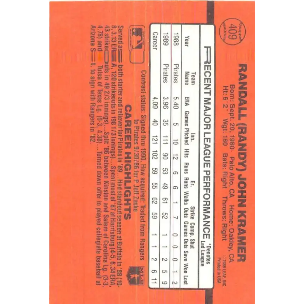 1990 Donruss #409 Randy Kramer VG-EX Pittsburgh Pirates Baseball Card - Baseball Card Single