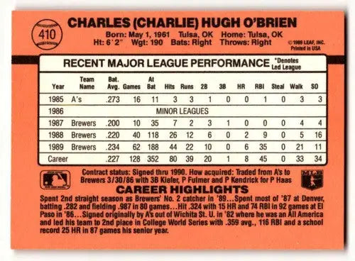 Baseball card back for 1990 Donruss Charlie O’Brien Milwaukee Brewers with original gloss