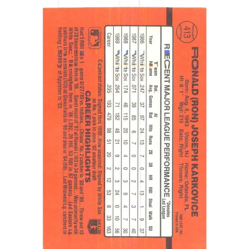 1990 Donruss #413 Ron Karkovice VG-EX Chicago White Sox Baseball Card - Baseball Card Single