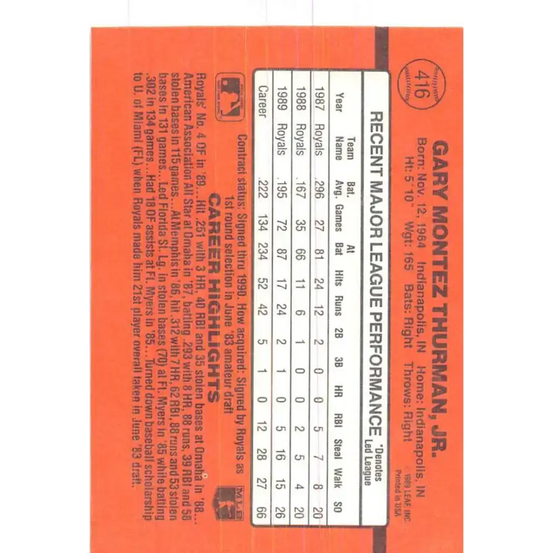 1990 Donruss #416 Gary Thurman VG-EX Kansas City Royals Baseball Card - Baseball Card Single