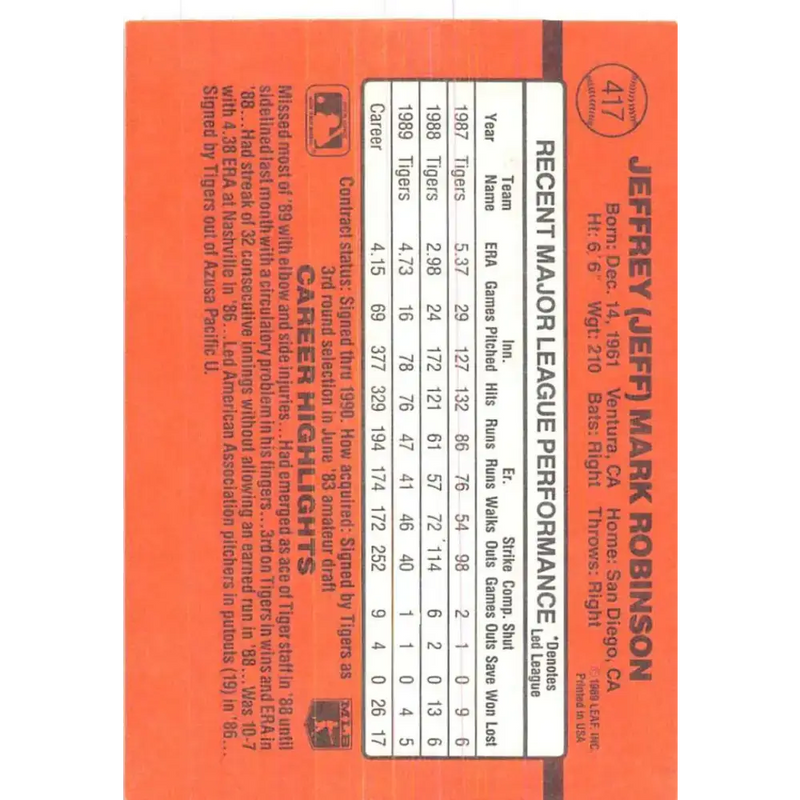 1990 Donruss #417 Jeff Robinson VG-EX Detroit Tigers Baseball Card - Baseball Card Single