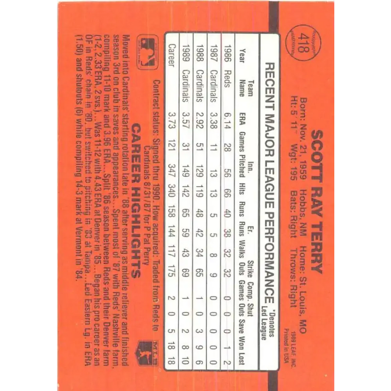 1990 Donruss #418 Scott Terry VG-EX St. Louis Cardinals Baseball Card - Baseball Card Single