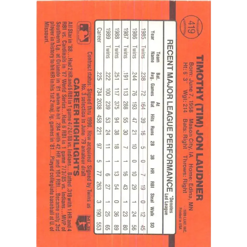 1990 Donruss #419 Tim Laudner VG-EX Minnesota Twins Baseball Card - Baseball Card Single