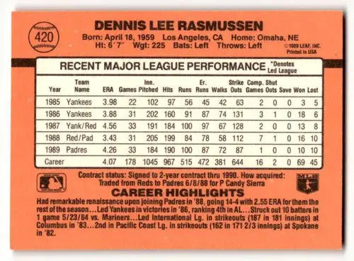 1990 Donruss #420 Dennis Rasmussen San Diego Padres Baseball Cards E ID:56180 - Baseball Card Single
