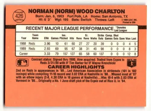 Baseball card back featuring Norm Charlton of the Cincinnati Reds from 1990 Donruss
