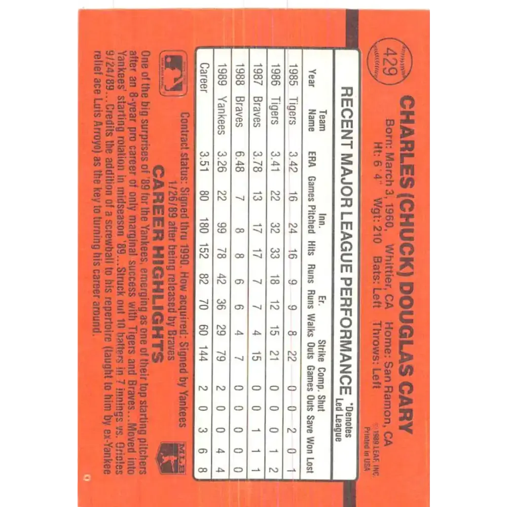 1990 Donruss #429 Chuck Cary VG-EX New York Yankees Baseball Card - Baseball Card Single