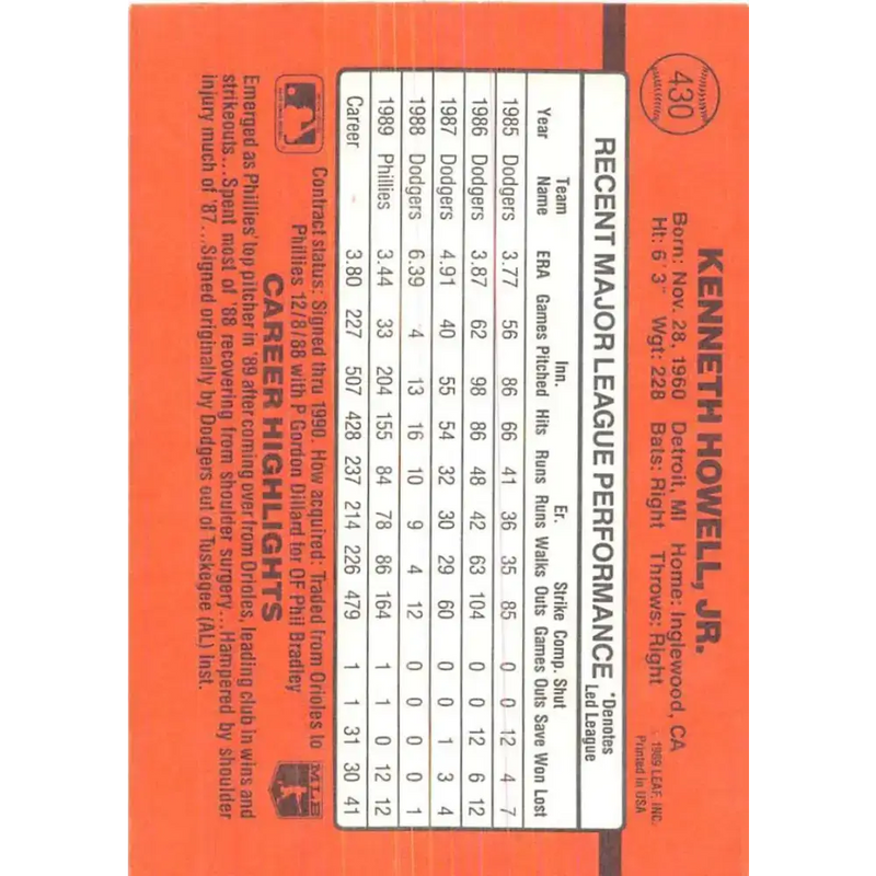 1990 Donruss #430 Ken Howell VG-EX Philadelphia Phillies Baseball Card - Baseball Card Single