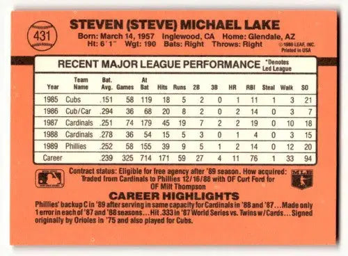 1990 Donruss #431 Steve Lake Philadelphia Phillies Baseball Cards EX ID:56213 - Baseball Card Single