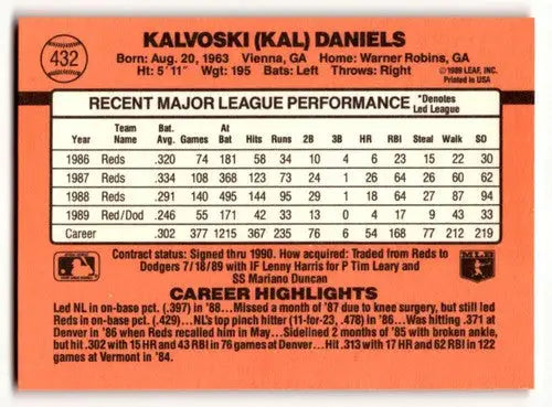 Baseball card back of 1990 Donruss Kal Daniels Los Angeles Dodgers collectible