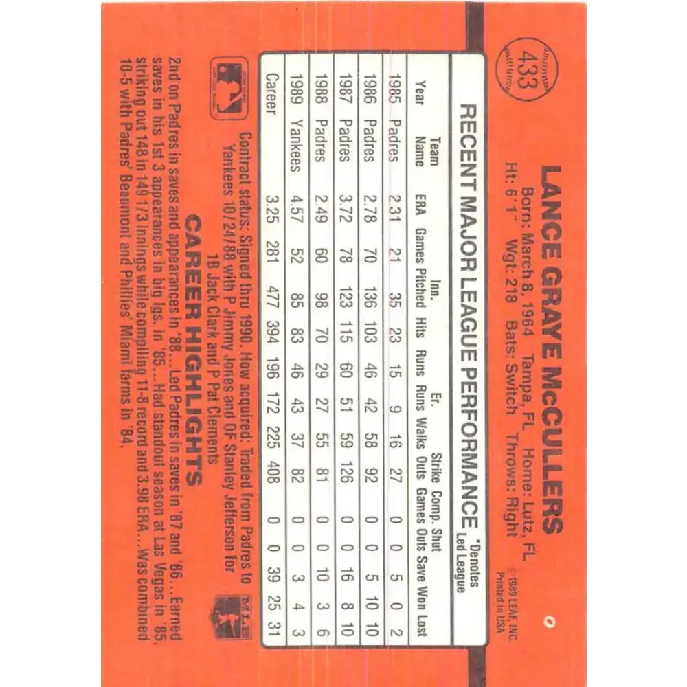 1990 Donruss #433 Lance McCullers VG-EX New York Yankees Baseball Card - Baseball Card Single