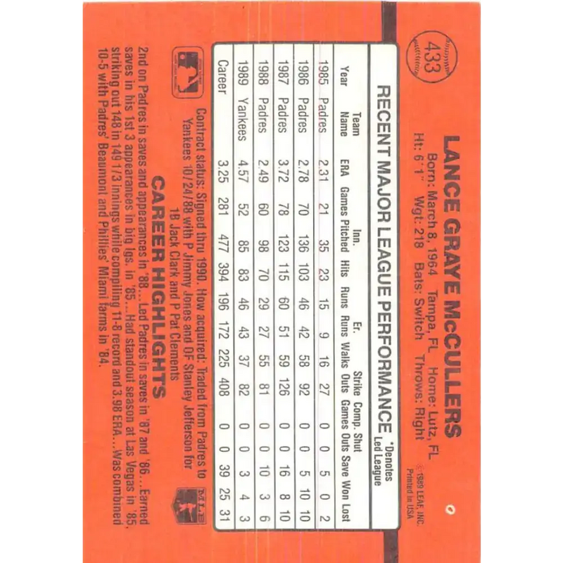 1990 Donruss #433 Lance McCullers VG-EX New York Yankees Baseball Card - Baseball Card Single