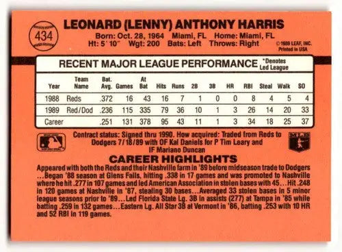 Original gloss of Lenny Harris Los Angeles Dodgers baseball card back from 1990 Donruss