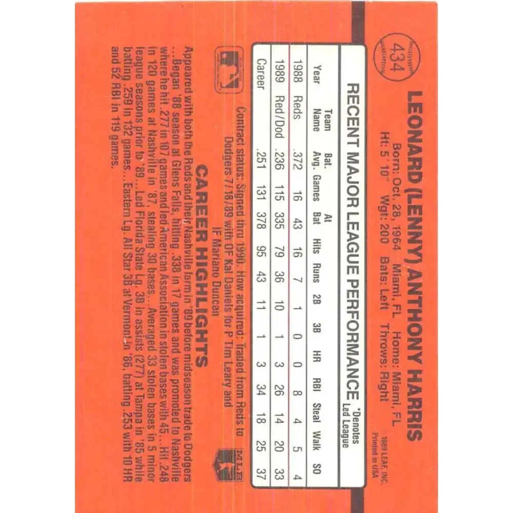 1990 Donruss #434 Lenny Harris VG-EX Los Angeles Dodgers Baseball Card - Baseball Card Single