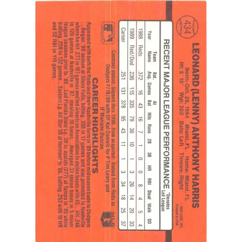 1990 Donruss #434 Lenny Harris VG-EX Los Angeles Dodgers Baseball Card - Baseball Card Single