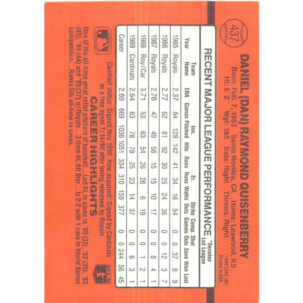 1990 Donruss #437 Dan Quisenberry VG-EX St. Louis Cardinals Baseball Card - Baseball Card Single