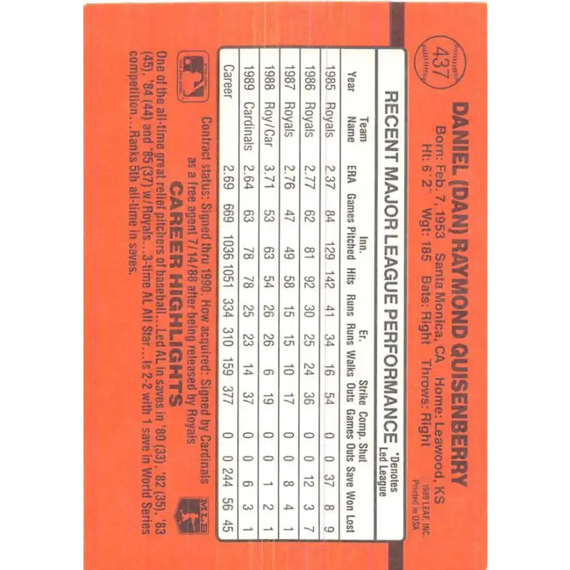 1990 Donruss #437 Dan Quisenberry VG-EX St. Louis Cardinals Baseball Card - Baseball Card Single