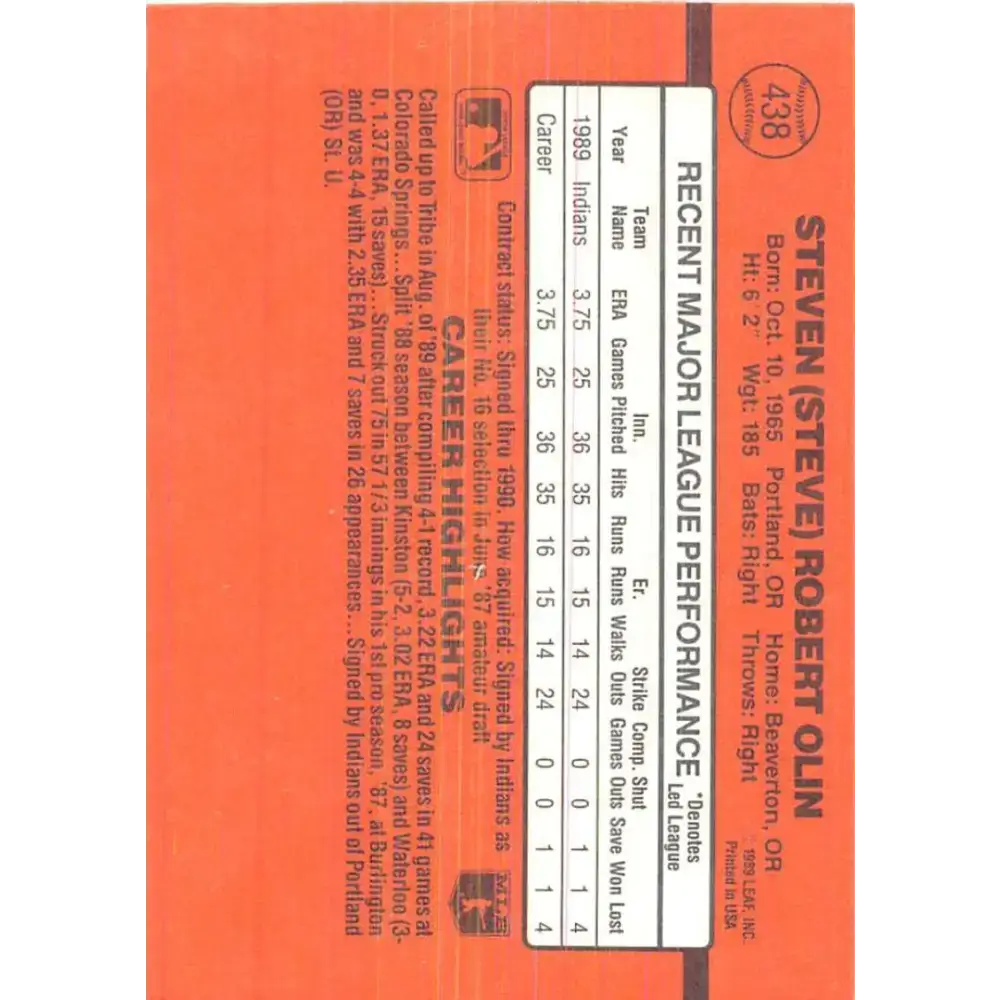 1990 Donruss #438 Steve Olin VG-EX RC Rookie Cleveland Indians Baseball Card - Baseball Card Single