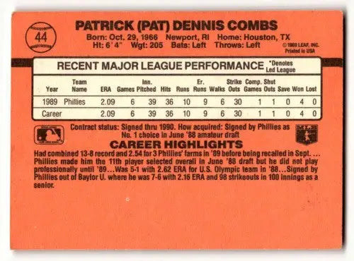 1990 Donruss #44 Pat Combs Philadelphia Phillies Baseball Cards EX/N ID:56178 - Baseball Card Single