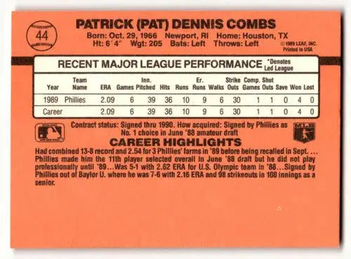 1990 Donruss #44 Pat Combs Philadelphia Phillies Baseball Cards EX/N ID:56211 - Baseball Card Single