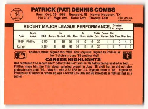 1990 Donruss #44 Pat Combs Philadelphia Phillies Baseball Cards EX/N ID:56210 - Baseball Card Single