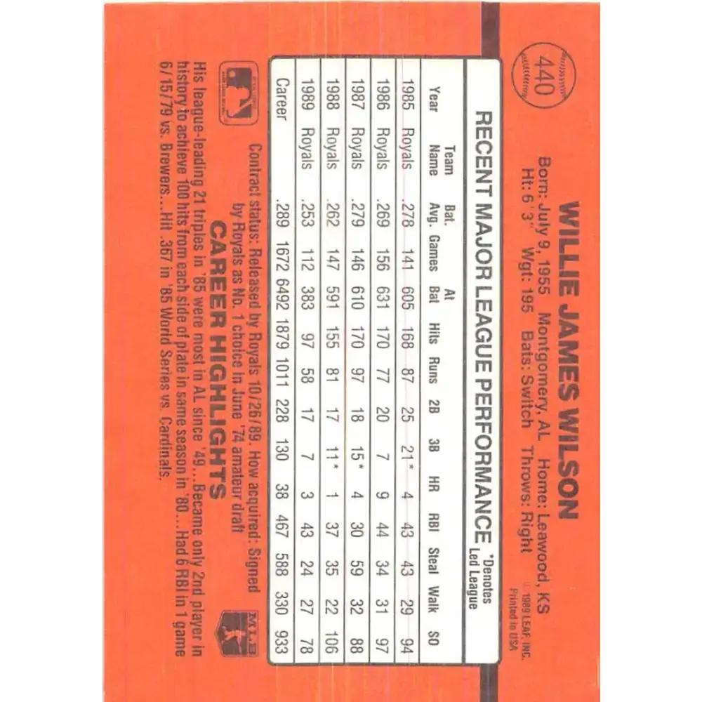 1990 Donruss #440 Willie Wilson VG-EX Kansas City Royals Baseball Card - Baseball Card Single