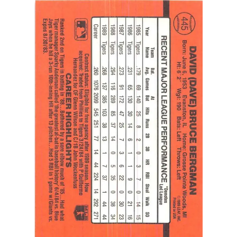 1990 Donruss #445 Dave Bergman VG-EX Detroit Tigers Baseball Card - Baseball Card Single