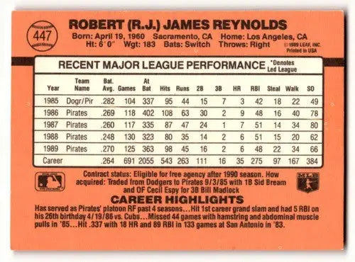 Back of 1990 Donruss R.J. Reynolds Pirates baseball cards featuring player stats