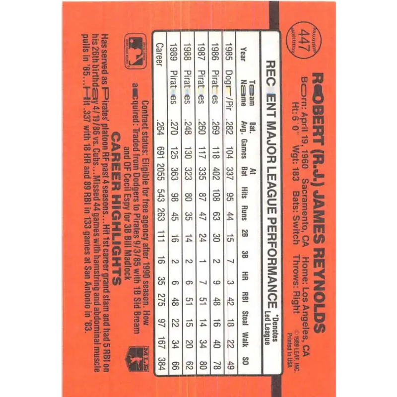 1990 Donruss #447 R.J. Reynolds VG-EX Pittsburgh Pirates Baseball Card - Baseball Card Single