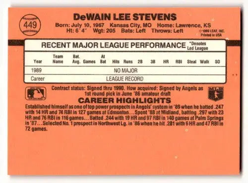 Original gloss baseball card back featuring Lee Stevens California Angels collectible