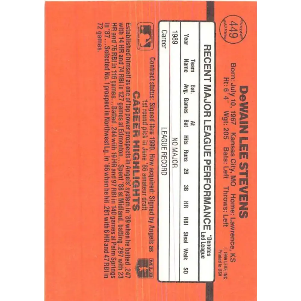 1990 Donruss #449 Lee Stevens VG-EX RC Rookie California Angels Baseball Card - Baseball Card Single