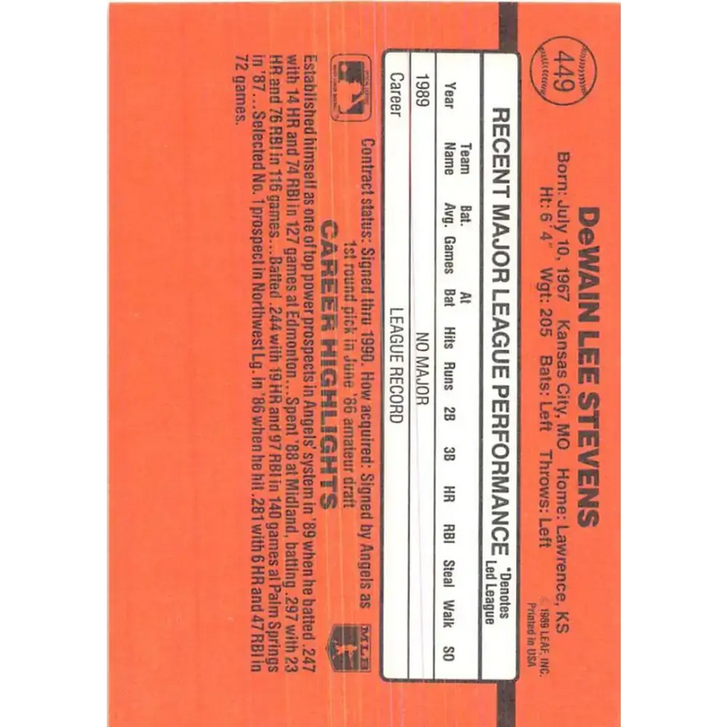 1990 Donruss #449 Lee Stevens VG-EX RC Rookie California Angels Baseball Card - Baseball Card Single