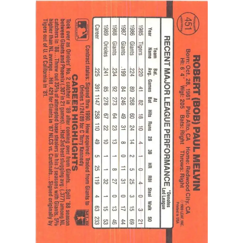 1990 Donruss #451 Bob Melvin VG-EX Baltimore Orioles Baseball Card - Baseball Card Single