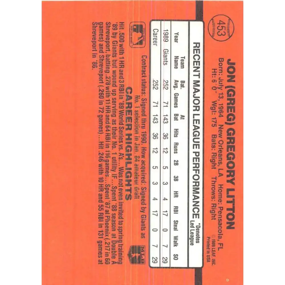 1990 Donruss #453 Greg Litton VG-EX San Francisco Giants Baseball Card - Baseball Card Single