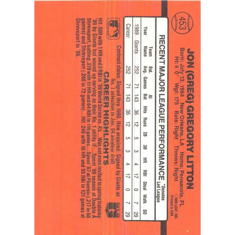 1990 Donruss #453 Greg Litton VG-EX San Francisco Giants Baseball Card - Baseball Card Single